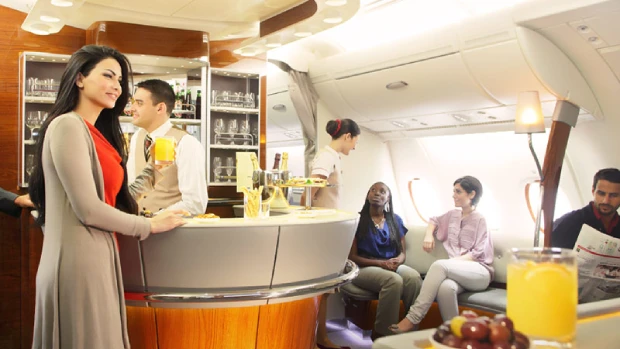 Business class cabin seat with side table and ambient lighting