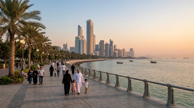Abu Dhabi Corniche and city skyline on the Arabian Gulf