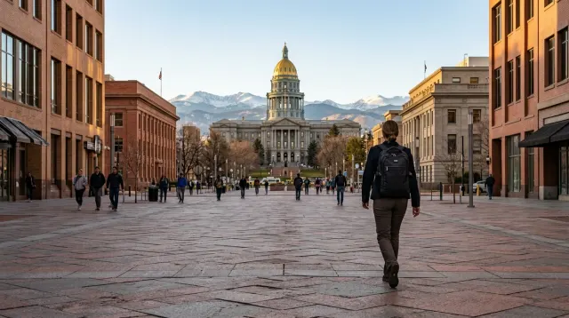 Colorado State Capitol gold dome with the Front Range behind Denver