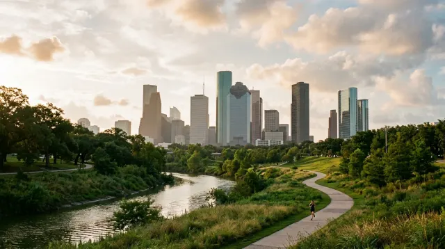 Downtown Houston skyline from Buffalo Bayou Park in late light