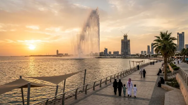 Jeddah Corniche and King Fahd Fountain over the Red Sea at sunset