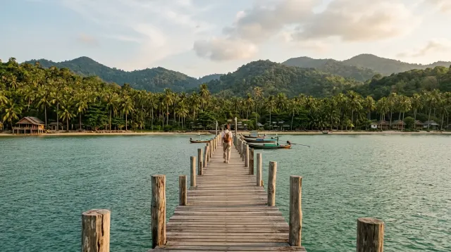 Koh Samui bay, pier and forested hills on the Gulf of Thailand