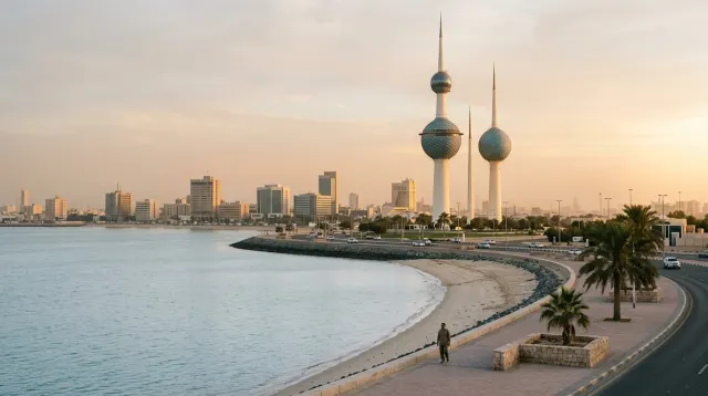 Kuwait Towers on the Arabian Gulf corniche in late sun