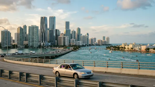 Downtown Miami and Brickell across Biscayne Bay in late light